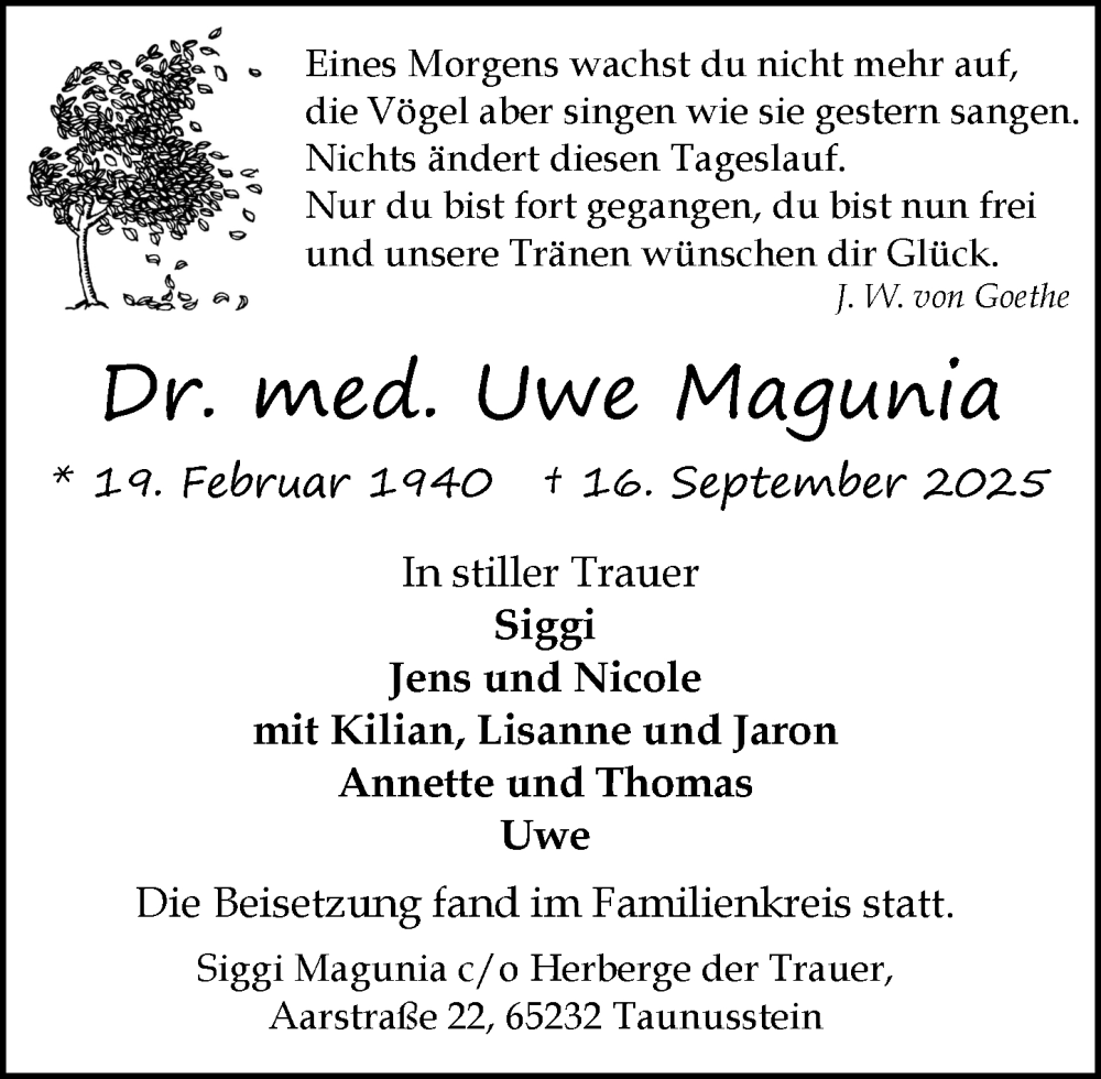  Traueranzeige für Uwe Magunia vom 18.10.2025 aus Idsteiner Land/Untertaunus
