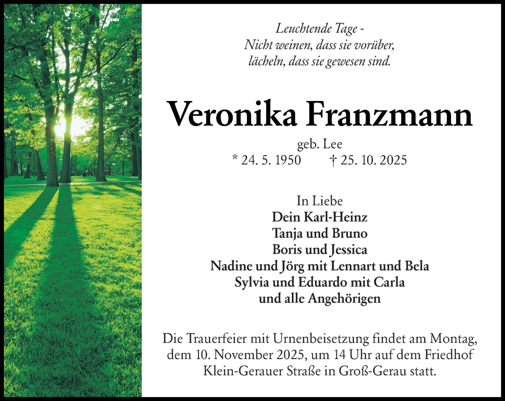  Traueranzeige für Veronika Franzmann vom 01.11.2025 aus Groß-Gerauer Echo