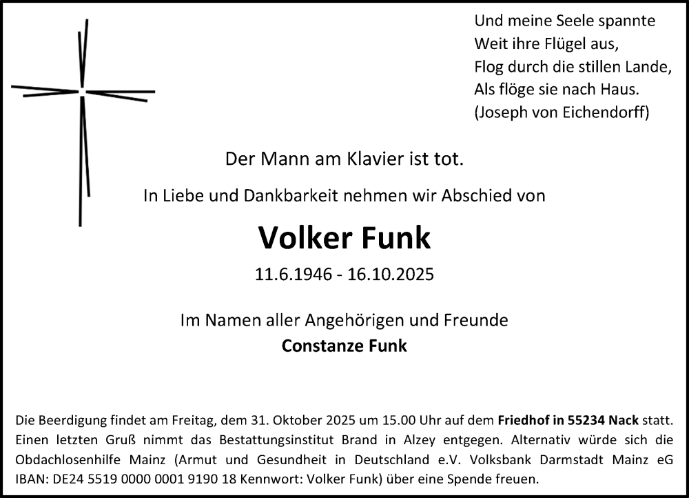  Traueranzeige für Volker Funk vom 25.10.2025 aus Allgemeine Zeitung Alzey