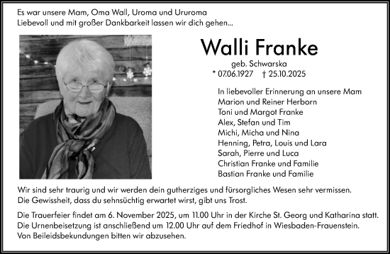 Traueranzeige von Walli Franke von Wiesbadener Kurier