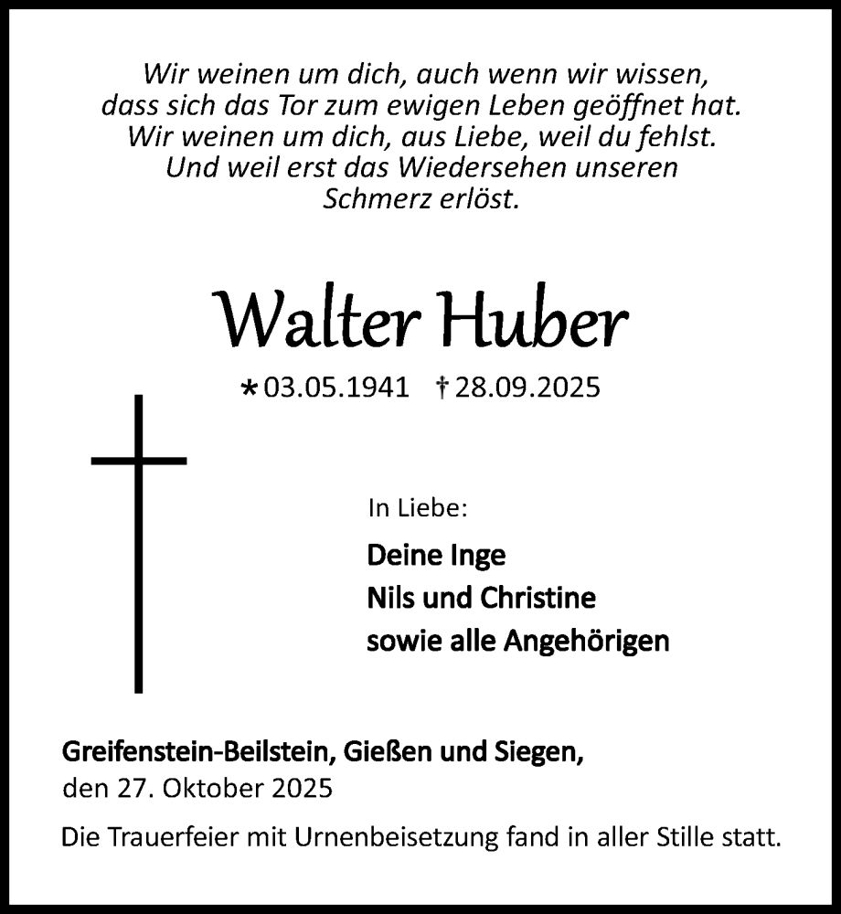  Traueranzeige für Walter Huber vom 27.10.2025 aus Dill Block