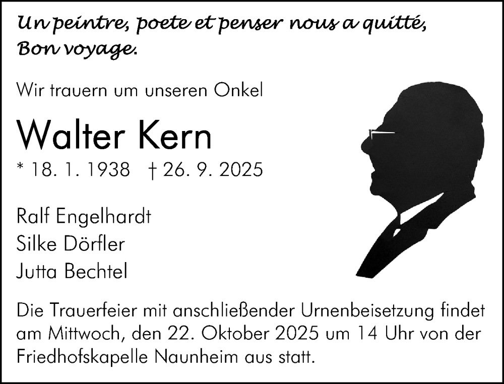  Traueranzeige für Walter Kern vom 18.10.2025 aus Wetzlarer Neue Zeitung