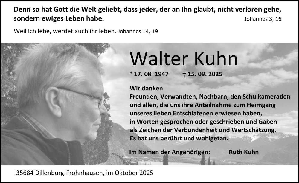  Traueranzeige für Walter Kuhn vom 01.11.2025 aus Dill Block