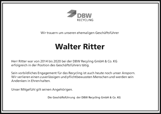 Traueranzeige von Walter Ritter von Wiesbadener Kurier