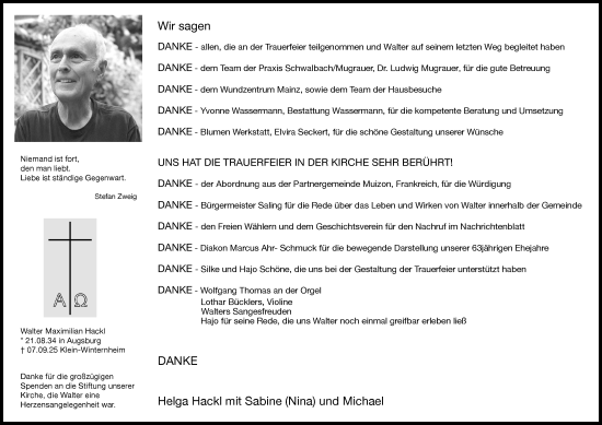 Traueranzeige von Walter Maximilian Hackl von Allgemeine Zeitung Mainz