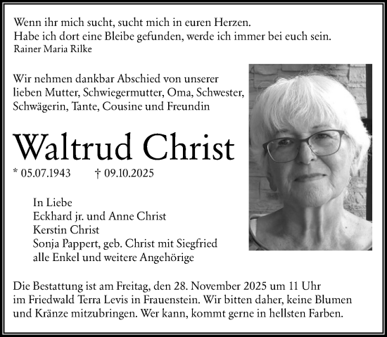 Traueranzeige von Waltrud Christ von Wiesbadener Kurier