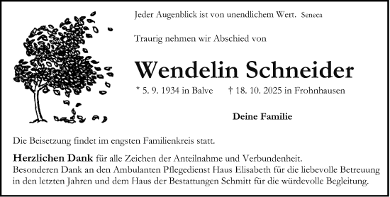 Traueranzeige von Wendelin Schneider von Dill Block