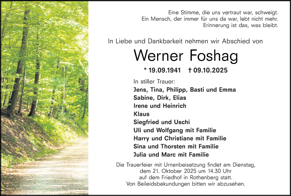  Traueranzeige für Werner Foshag vom 18.10.2025 aus Odenwälder Echo