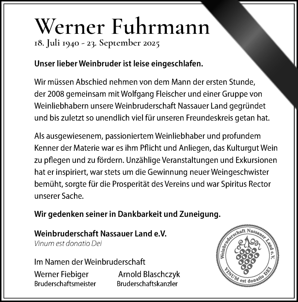  Traueranzeige für Werner Fuhrmann vom 04.10.2025 aus Nassauische Neue Presse
