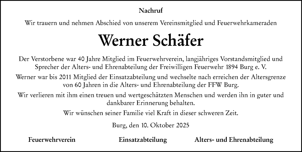  Traueranzeige für Werner Schäfer vom 10.10.2025 aus Dill Block