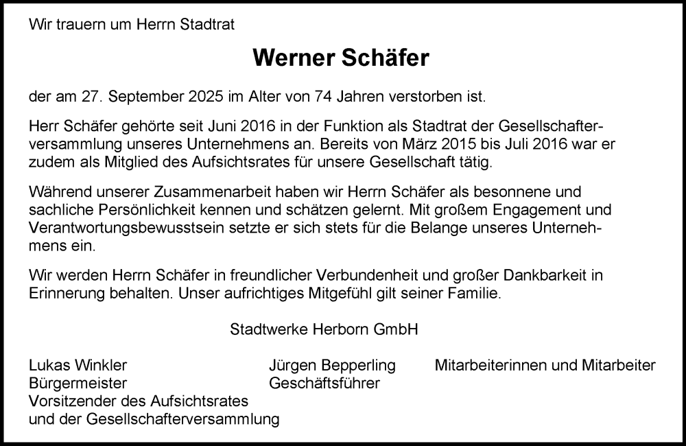  Traueranzeige für Werner Schäfer vom 18.10.2025 aus Dill Block