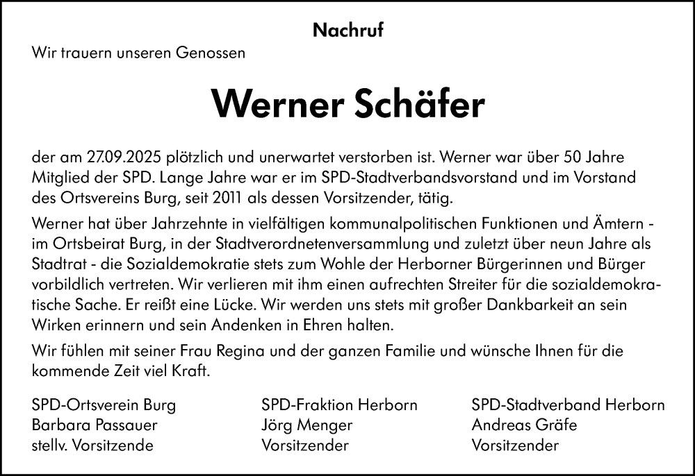  Traueranzeige für Werner Schäfer vom 09.10.2025 aus Dill Block
