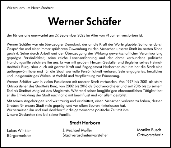 Traueranzeige von Werner Schäfer von Dill Block