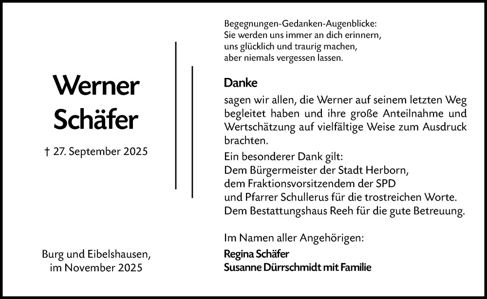  Traueranzeige für Werner Schäfer vom 01.11.2025 aus Dill Block