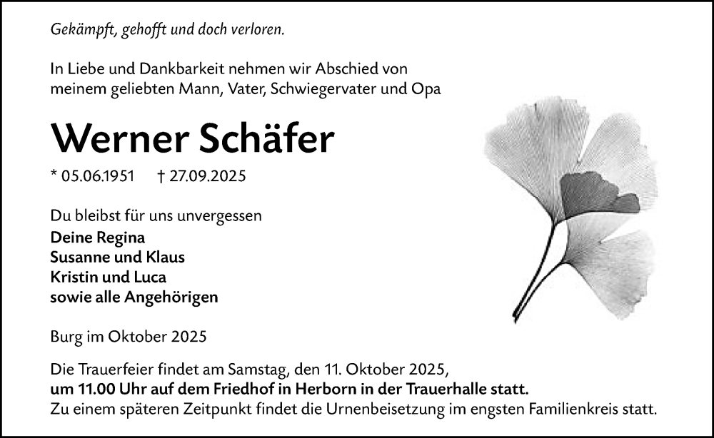  Traueranzeige für Werner Schäfer vom 08.10.2025 aus Dill Block