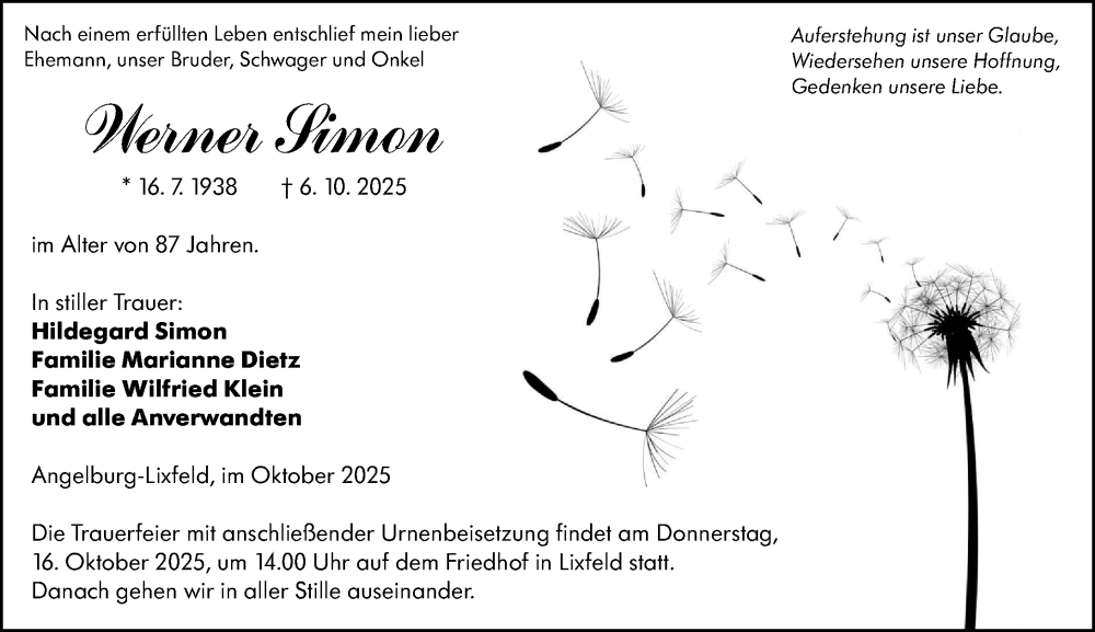  Traueranzeige für Werner Simon vom 13.10.2025 aus Hinterländer Anzeiger