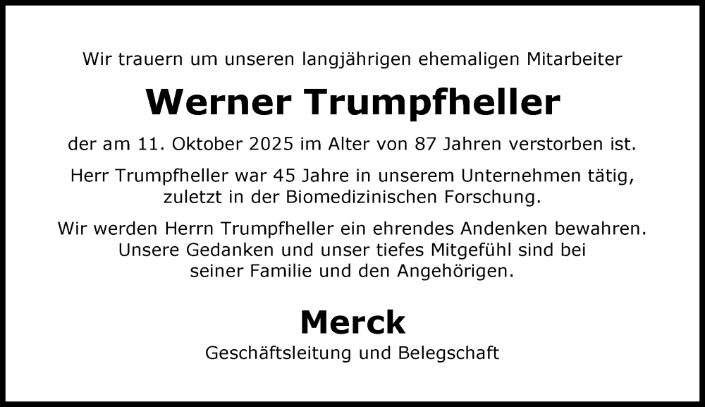  Traueranzeige für Werner Trumpfheller vom 24.10.2025 aus Darmstädter Echo