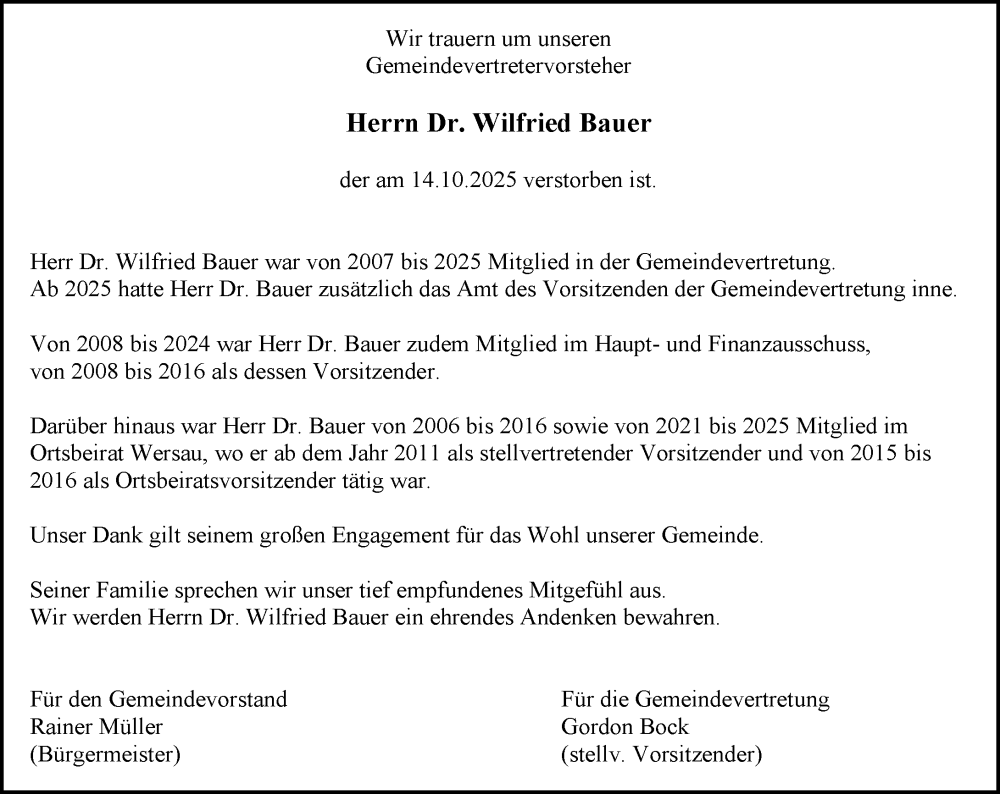  Traueranzeige für Wilfried Bauer vom 25.10.2025 aus Odenwälder Echo