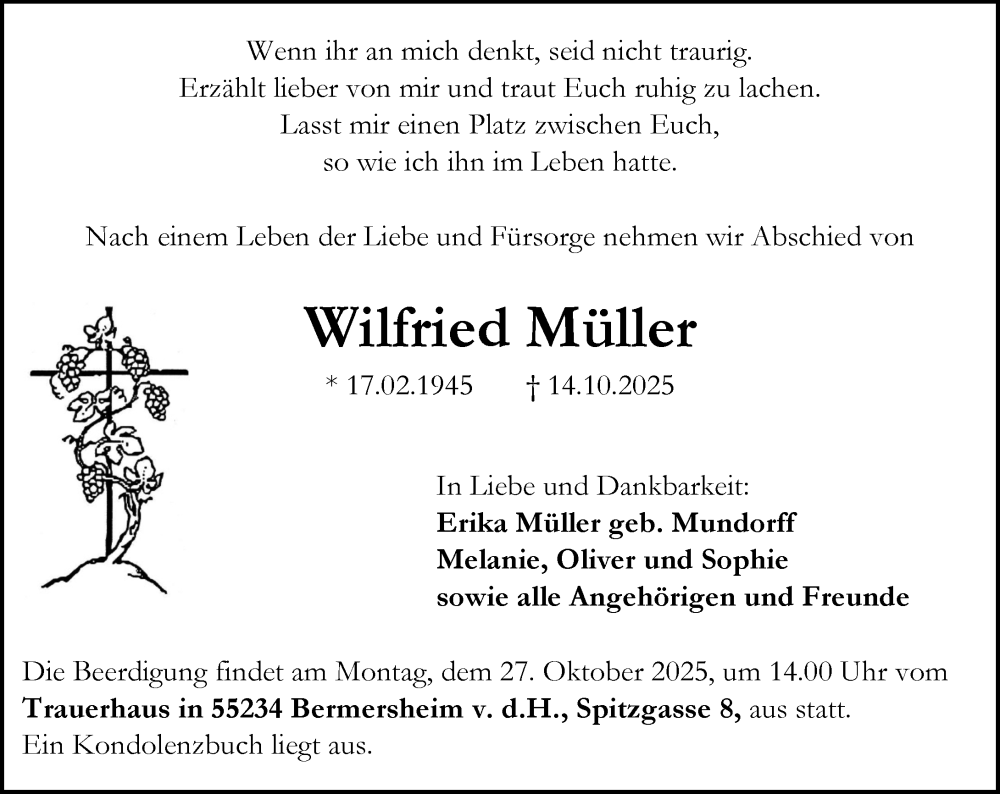  Traueranzeige für Wilfried Müller vom 18.10.2025 aus Allgemeine Zeitung Alzey
