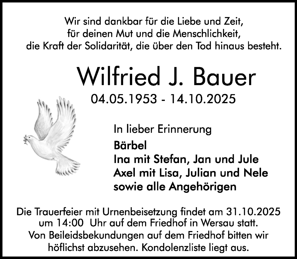  Traueranzeige für Wilfried J. Bauer vom 25.10.2025 aus Odenwälder Echo