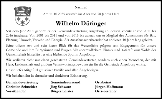Traueranzeige von Wilhelm Düringer von Hinterländer Anzeiger