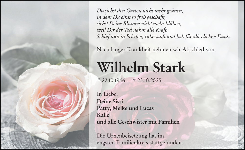  Traueranzeige für Wilhelm Stark vom 01.11.2025 aus Hinterländer Anzeiger