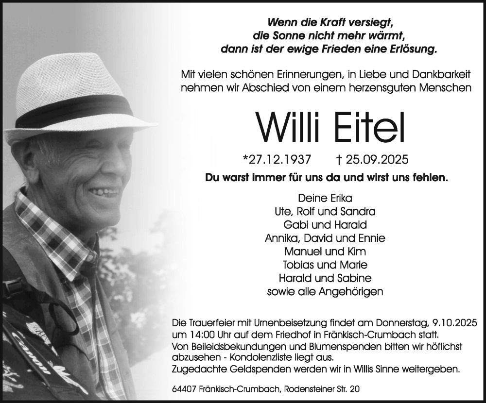  Traueranzeige für Willi Eitel vom 04.10.2025 aus Odenwälder Echo