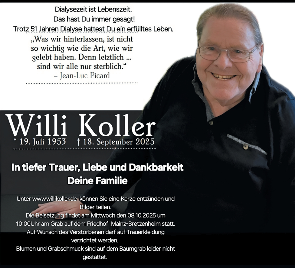  Traueranzeige für Willi Koller vom 04.10.2025 aus Allgemeine Zeitung Mainz