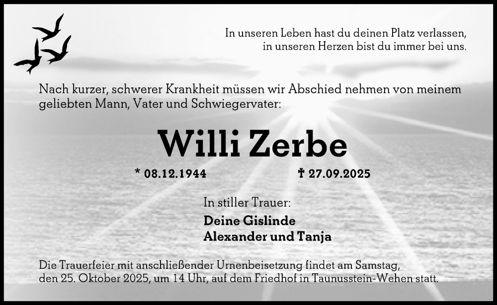 Traueranzeige für Willi Zerbe vom 18.10.2025 aus Wiesbadener Kurier