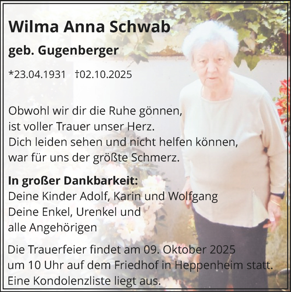  Traueranzeige für Wilma Anna Schwab vom 08.10.2025 aus Starkenburger Echo