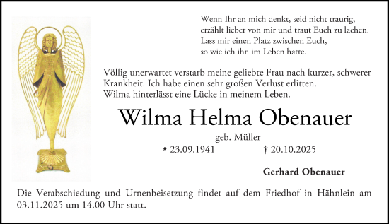 Traueranzeige von Wilma Helma Obenauer von Darmstädter Echo