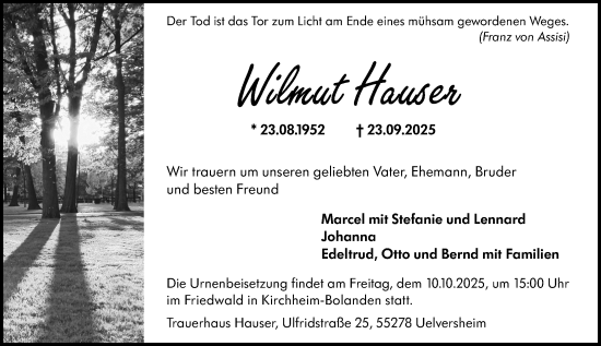 Traueranzeige von Wilmut Hauser von Allgemeine Zeitung Mainz