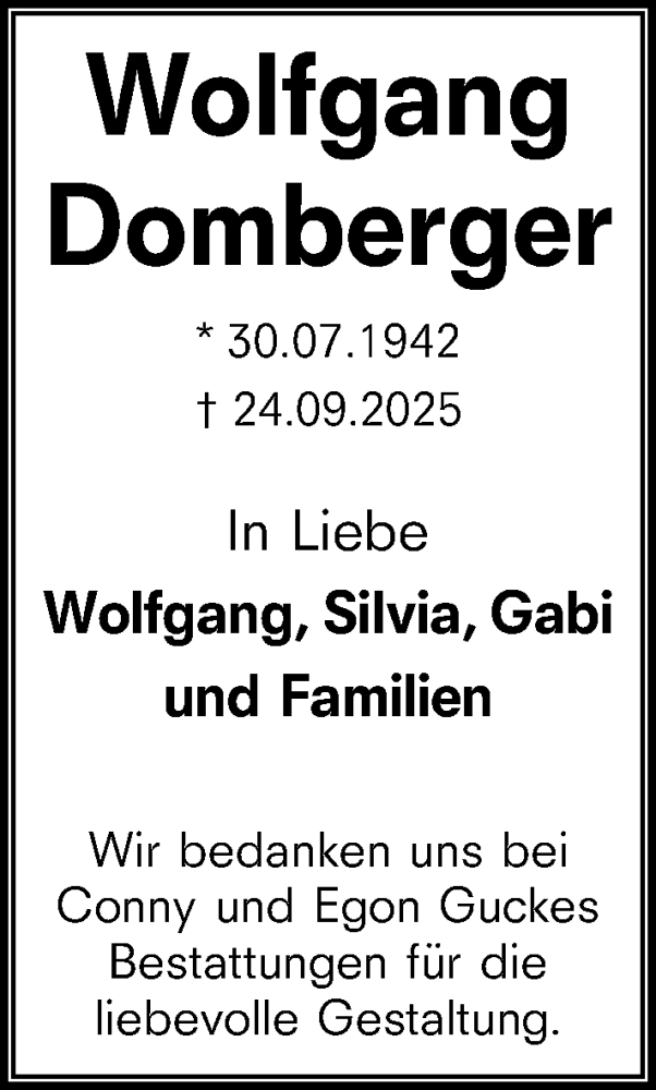  Traueranzeige für Wolfgang Domberger vom 04.10.2025 aus Wiesbadener Kurier