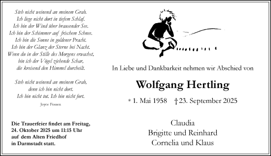 Traueranzeige von Wolfgang Hertling von Darmstädter Echo