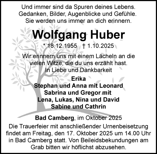 Traueranzeige von Wolfgang Huber von Camberger Anzeiger