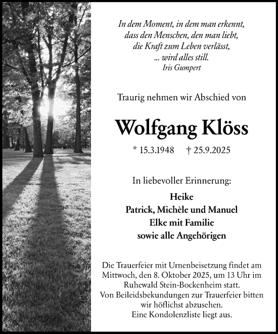 Traueranzeige von Wolfgang Klöss von Allgemeine Zeitung Alzey