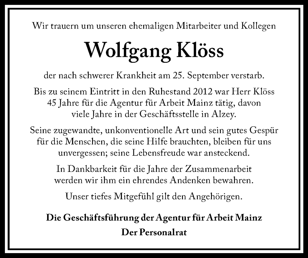  Traueranzeige für Wolfgang Klöss vom 08.10.2025 aus Allgemeine Zeitung Alzey