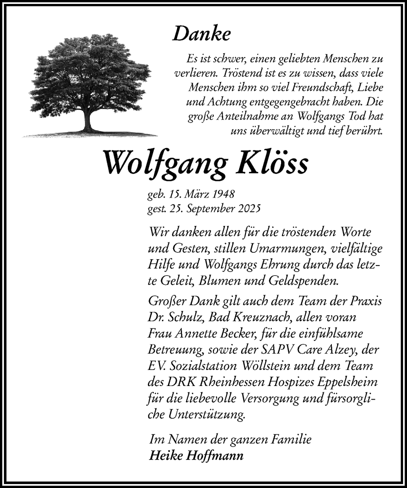  Traueranzeige für Wolfgang Klöss vom 31.10.2025 aus Allgemeine Zeitung Alzey