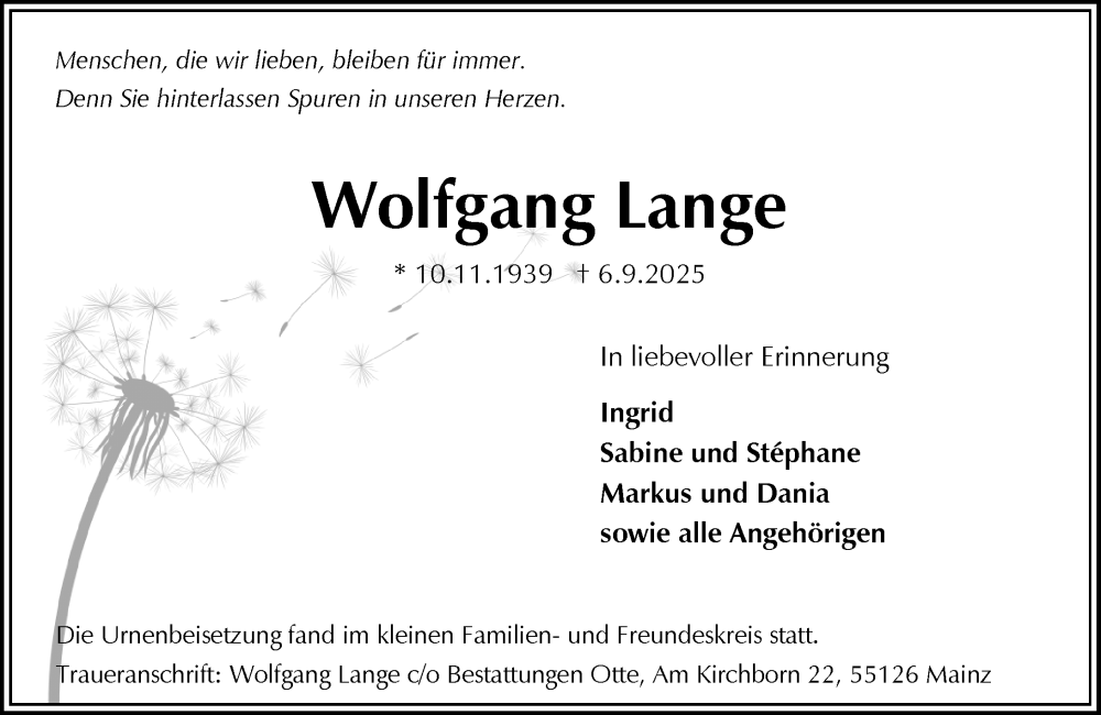  Traueranzeige für Wolfgang Lange vom 18.10.2025 aus Allgemeine Zeitung Mainz