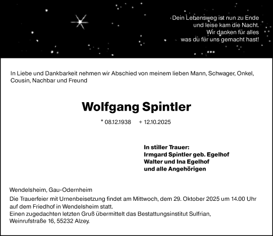 Traueranzeige von Wolfgang Spintler von Allgemeine Zeitung Alzey