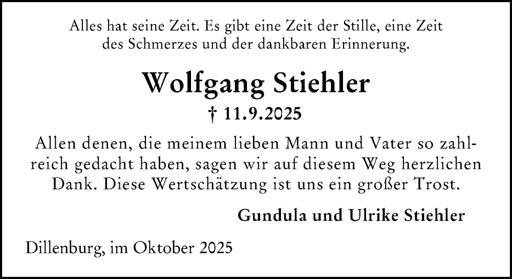  Traueranzeige für Wolfgang Stiehler vom 18.10.2025 aus Dill Block