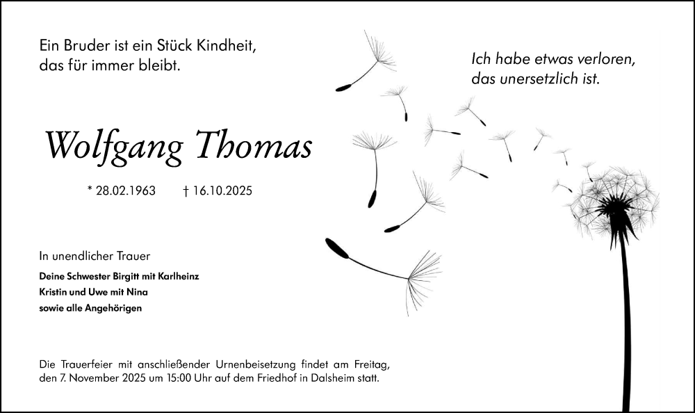  Traueranzeige für Wolfgang Thomas vom 31.10.2025 aus Wormser Zeitung