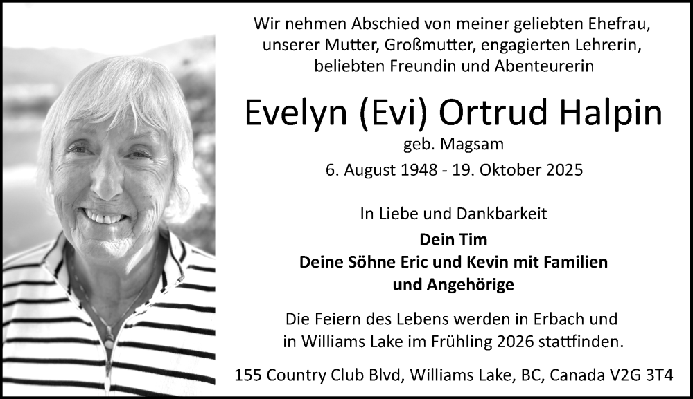  Traueranzeige für Evelyn Ortrud Halpin vom 25.11.2025 aus 