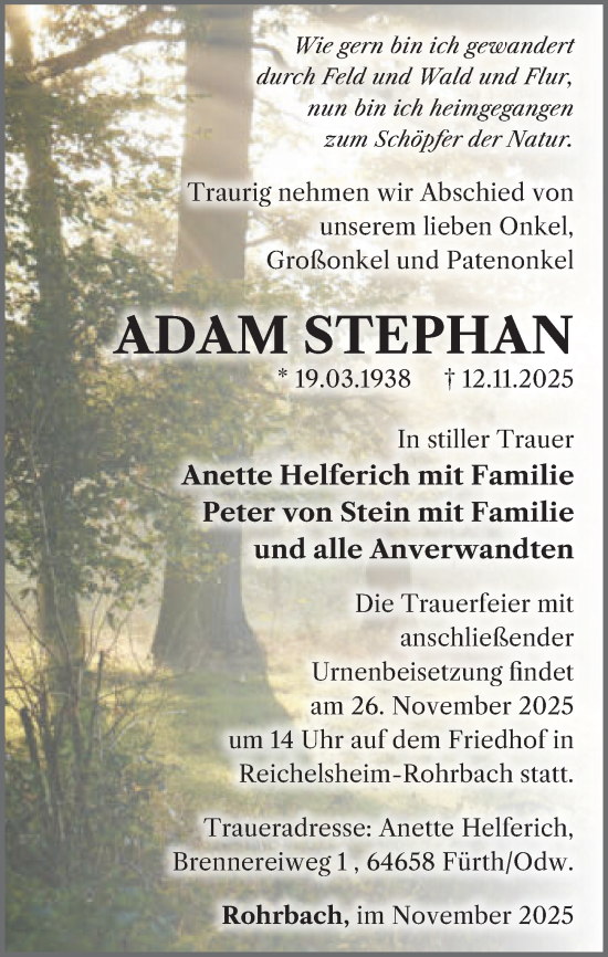 Traueranzeige von Adam Stephan von Odenwälder Echo