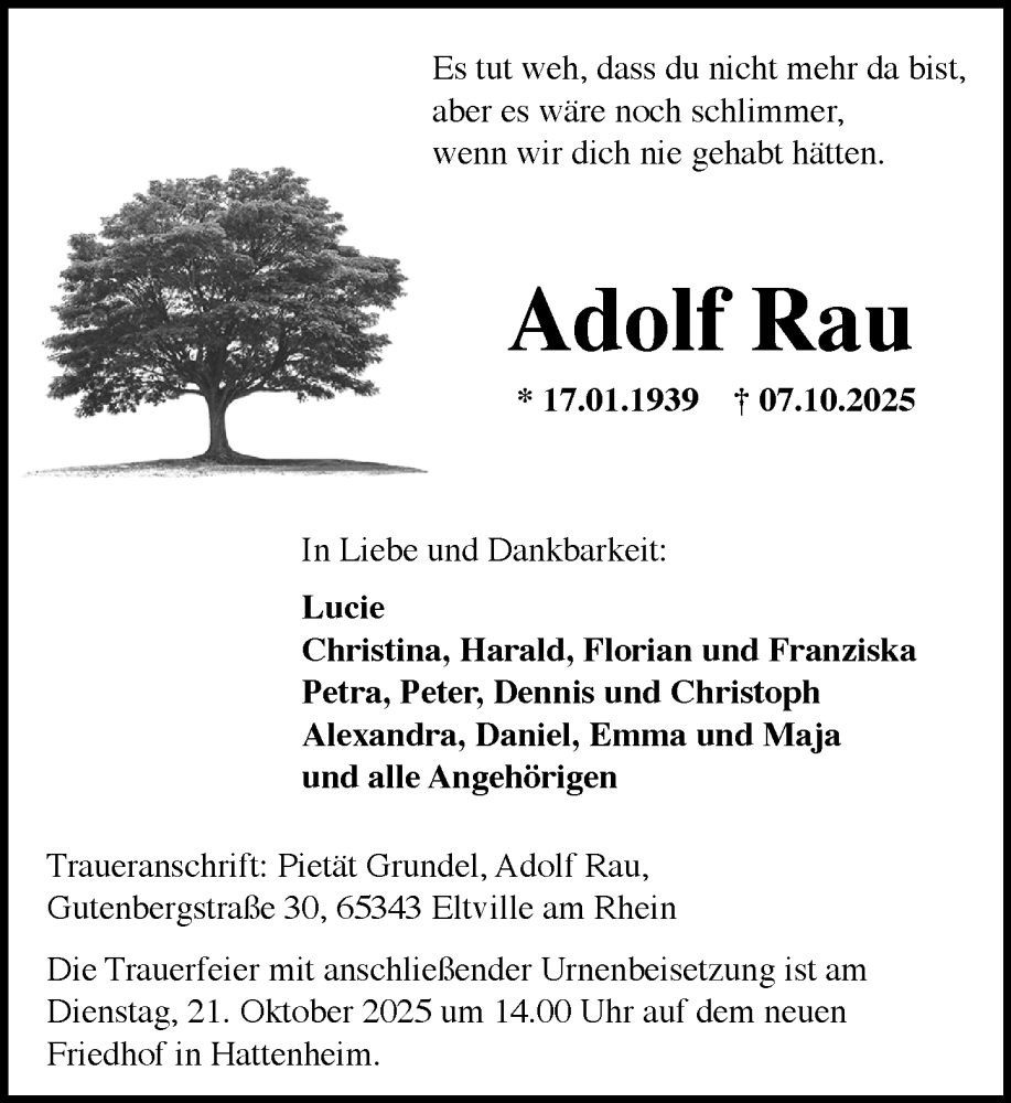  Traueranzeige für Adolf Rau vom 11.10.2025 aus Wiesbadener Kurier