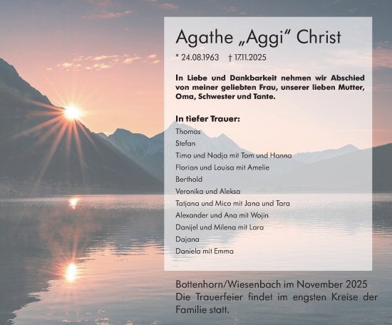 Traueranzeige von Agathe Christ von Hinterländer Anzeiger