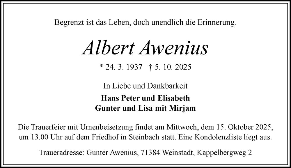  Traueranzeige für Albert Awenius vom 11.10.2025 aus Odenwälder Echo