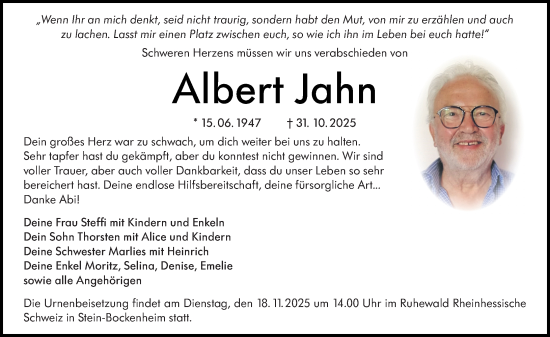 Traueranzeige von Albert Jahn von Allgemeine Zeitung Alzey