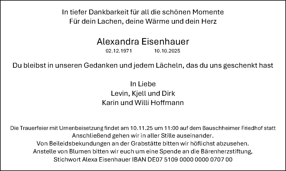  Traueranzeige für Alexandra Eisenhauer vom 04.11.2025 aus Rüsselsheimer Echo
