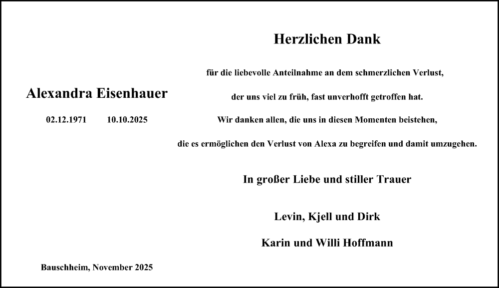  Traueranzeige für Alexandra Eisenhauer vom 15.11.2025 aus Rüsselsheimer Echo